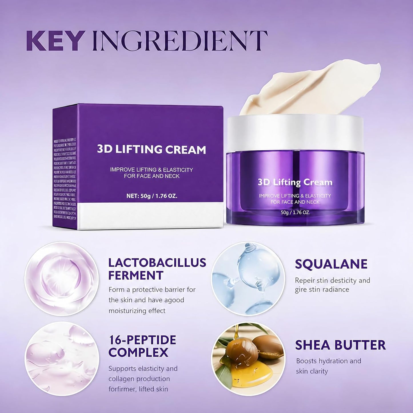 3D Lifting Night Cream, Korean Anti-Aging Moisturizer with 17-Peptide Complex, Probiotic Facial Treatment for Face, Neck Wrinkles,1.7 fl oz