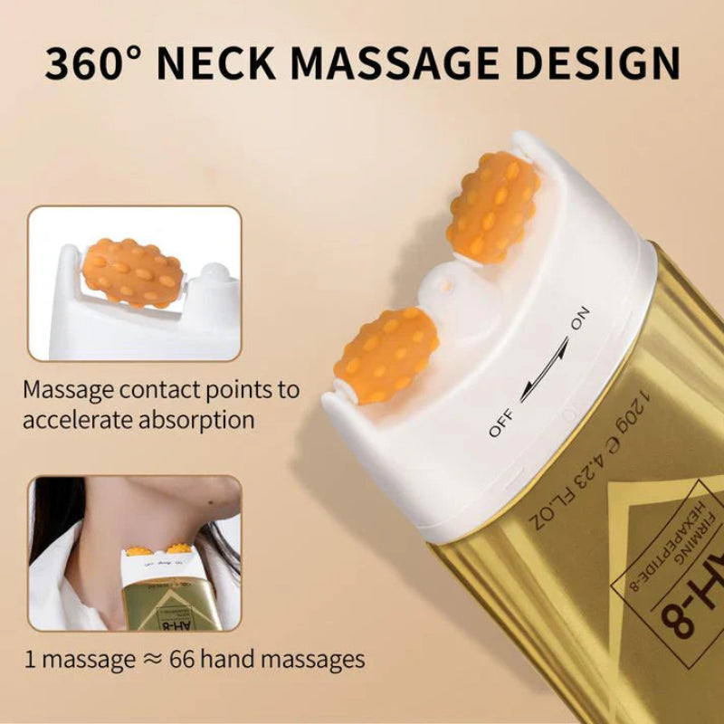Close-up of the 360 roller applicator on the neck firming serum bottle