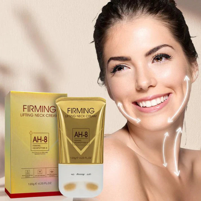 Neck firming serum bottle with 360 roller applicator on a clean background