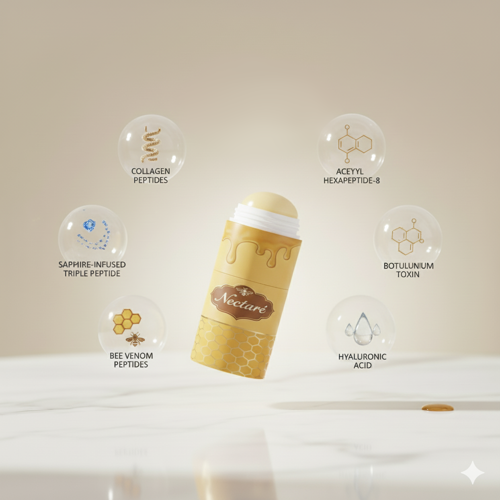Anti-ageing facial serum stick displayed with cap off