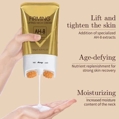 Neck firming serum packaging shown beside the roller applicator bottle