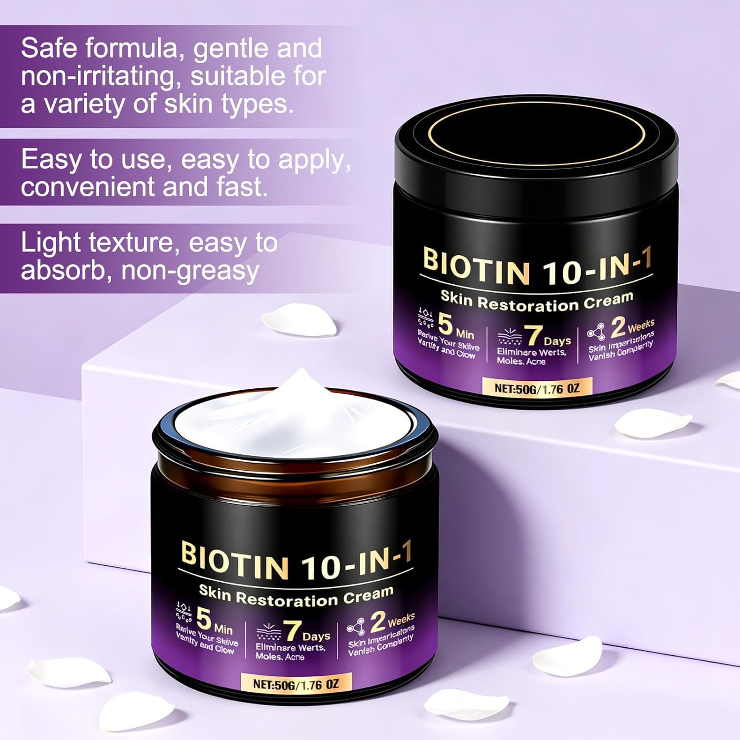 Skincare cream jar with lid off showing smooth biotin cream inside