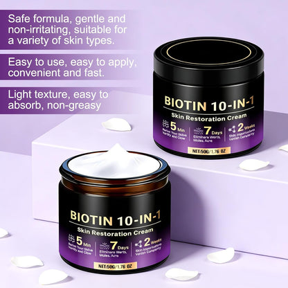 Skincare cream jar with lid off showing smooth biotin cream inside