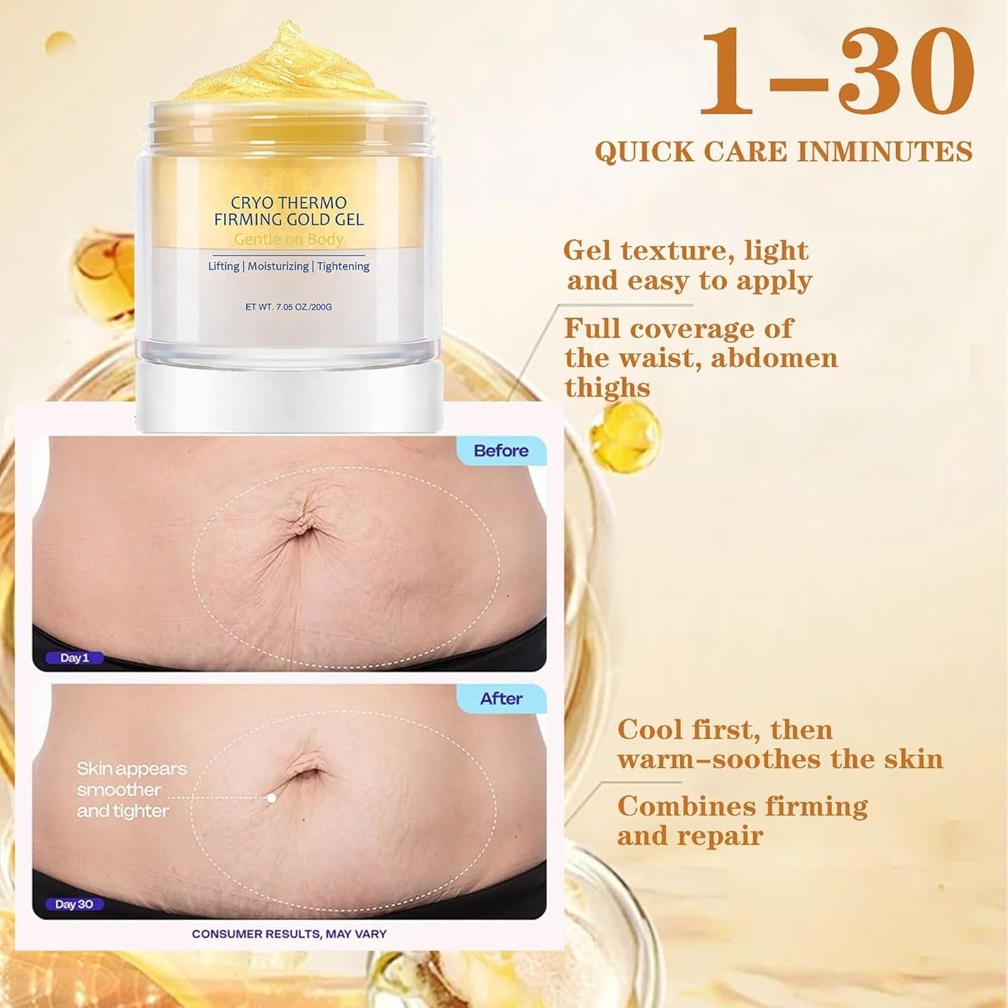 Cryo Thermo Firming Gold Gel, Hot Activation Anti-Cellulite Cream for Belly, Thighs & Buttocks, Skin Tightening Cream for Body, Promotes Blood Circulation, 7.05 oz