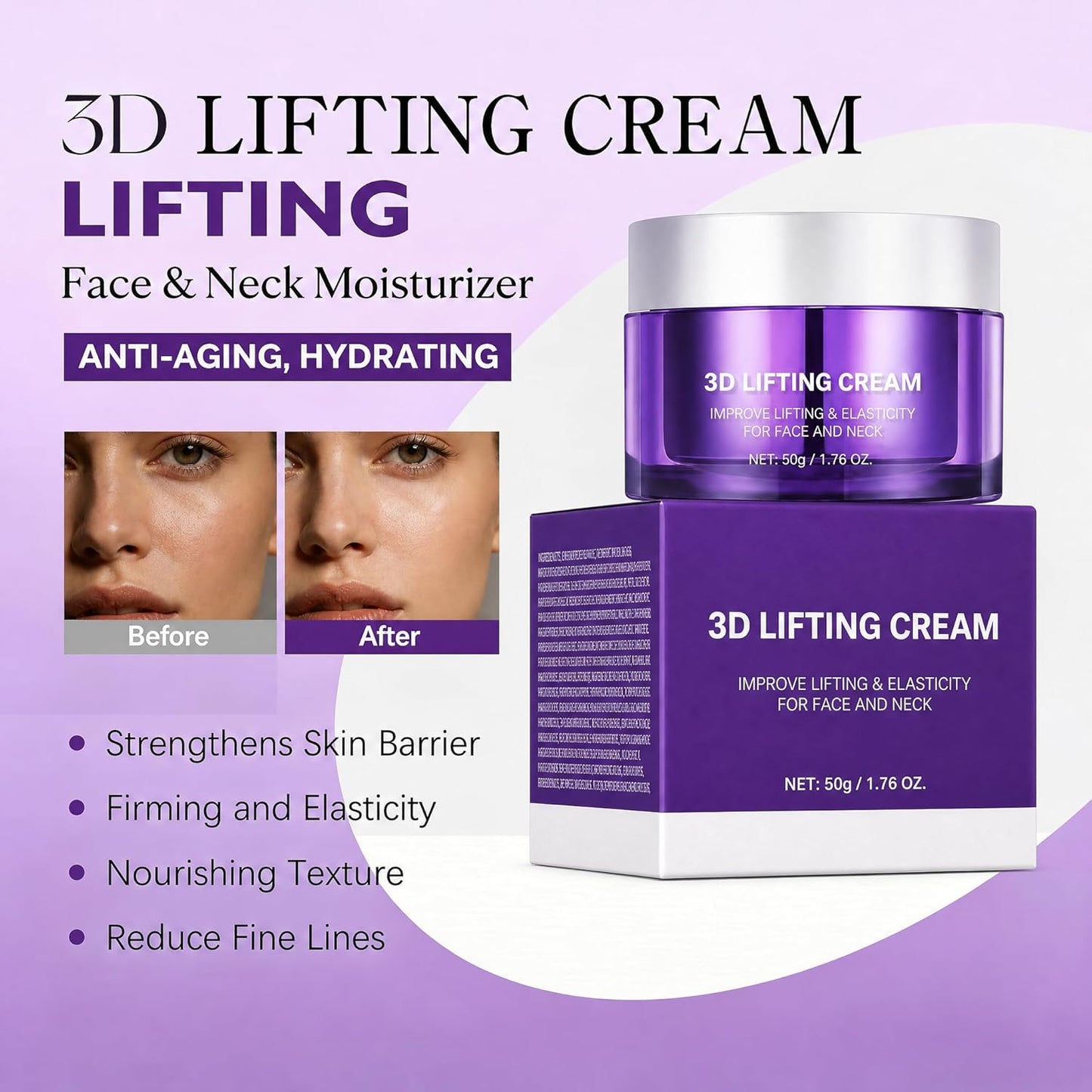3D Lifting Night Cream, Korean Anti-Aging Moisturizer with 17-Peptide Complex, Probiotic Facial Treatment for Face, Neck Wrinkles，1.7 fl oz