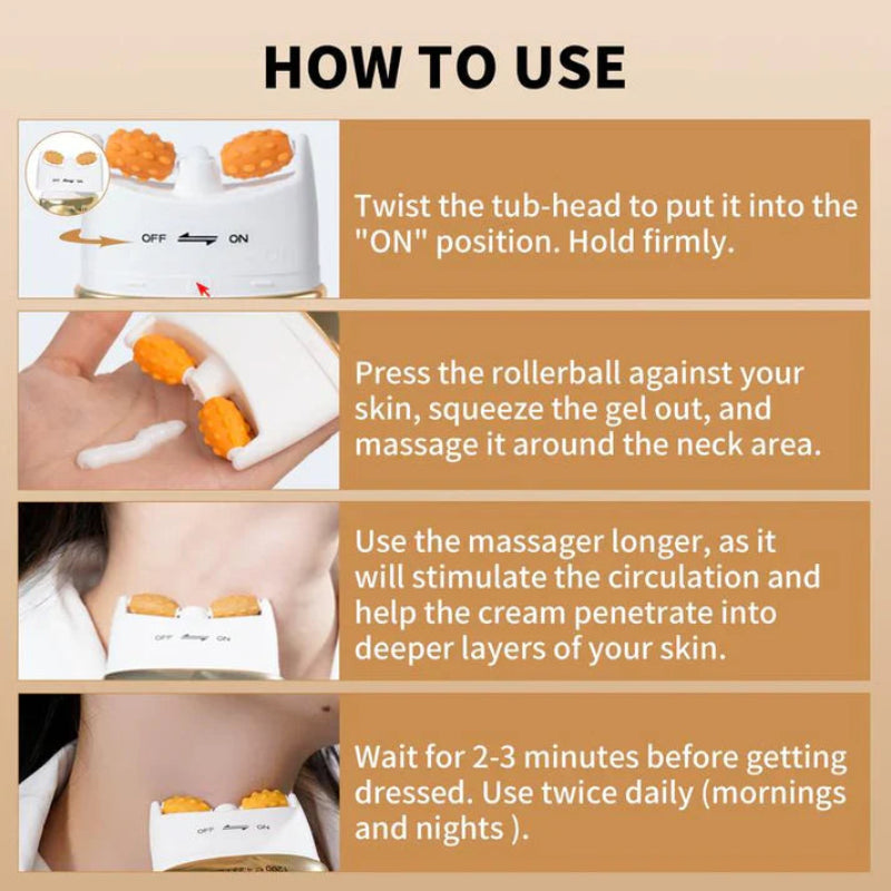 Neck firming serum bottle displayed upright with 360 massage roller head