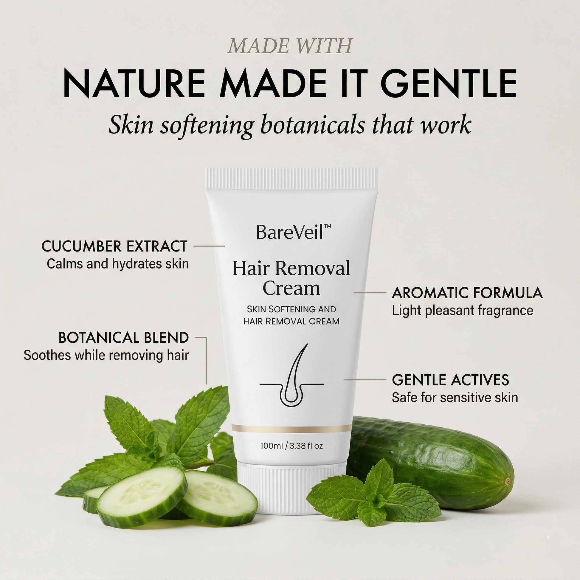 Hair Removal Cream for Sensitive Skin displayed in a minimal studio shot