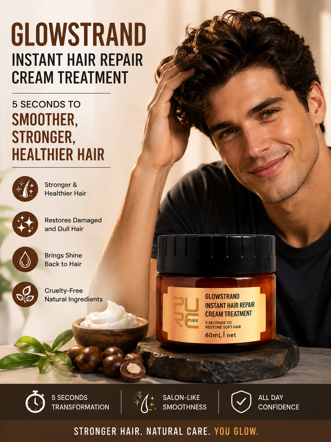 Hair cream tube angled to show frizz control and shine product design